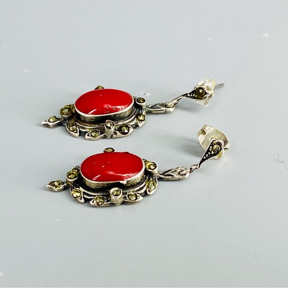 Vintage Sterling Silver Coral Red Cabochon & Marcasite Stones Earrings 1980s - Picture 4 of 16